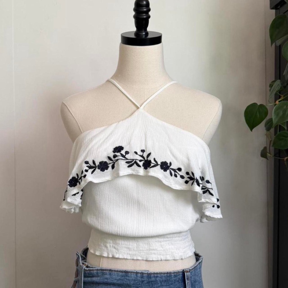 Papaya Women White Navy Floral Embroidered Y2K Boho Cropped Ruffle Top Small
